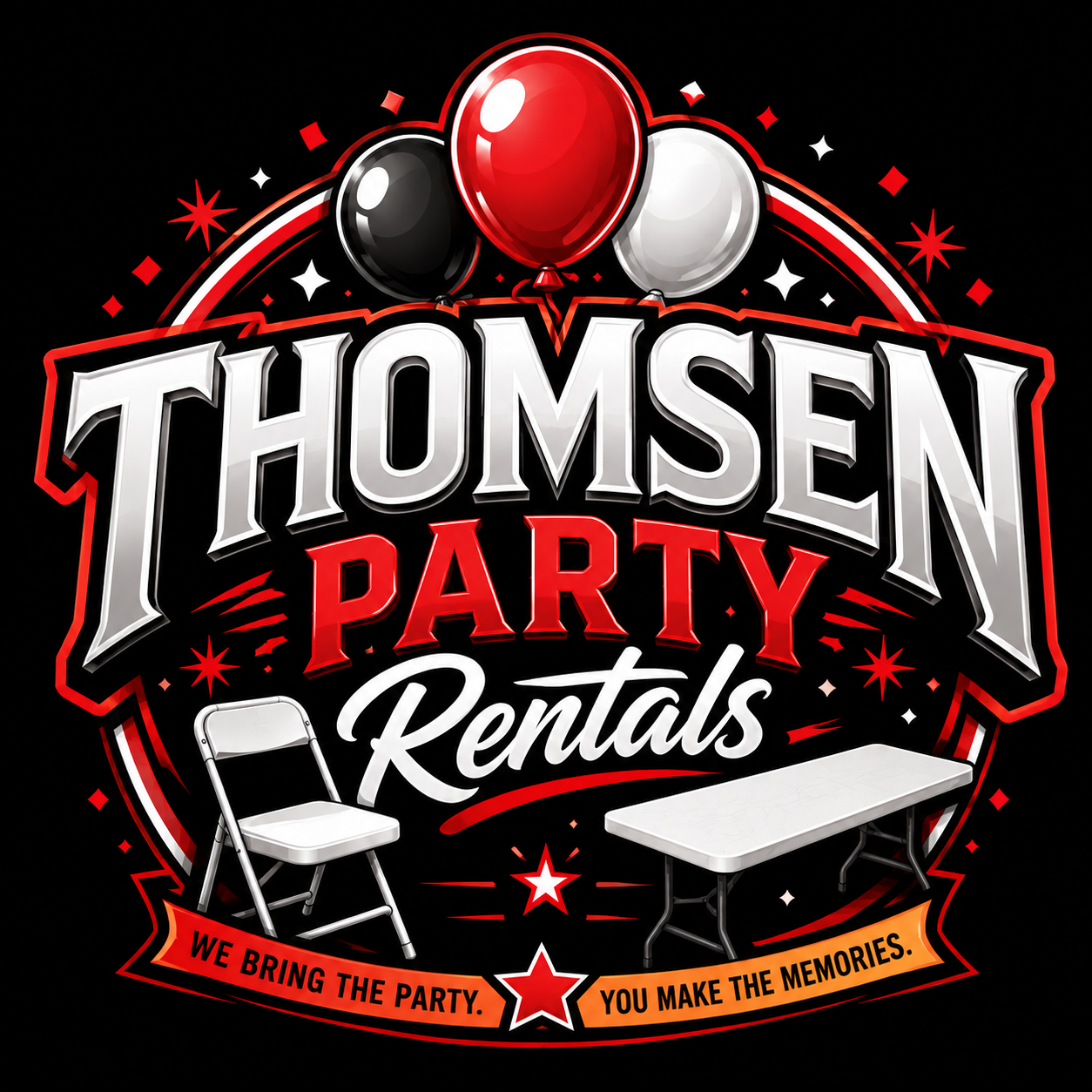 Thomsen Party Rentals logo with balloons, tables, and chairs