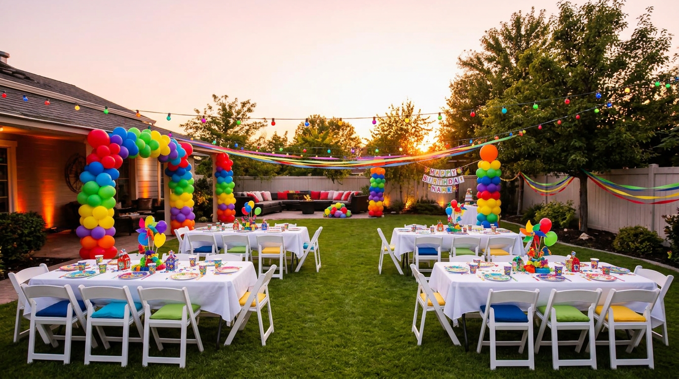 Kids birthday party setup with four tables and colorful chairs in a backyard